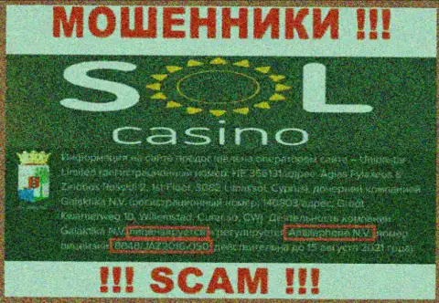 Будьте осторожны, зная номер лицензии на осуществление деятельности SolCasino с их информационного портала, избежать обувания не удастся - это МОШЕННИКИ !!!
