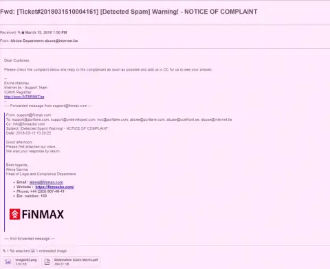 Похожая жалоба на официальный сайт ФИНМАКС поступила и регистратору доменного имени сайта