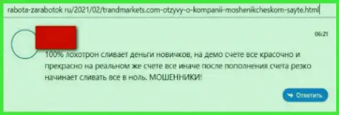 В конторе TrandMarkets Com похитили денежные вложения реального клиента, который попался на крючок указанных интернет мошенников (комментарий)