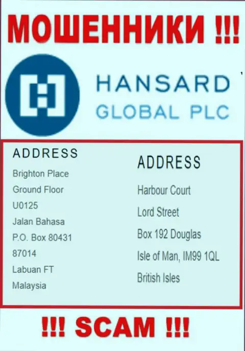 Добраться до компании Hansard Com, чтоб забрать вложенные деньги невозможно, они зарегистрированы в офшорной зоне: Harbour Court, Lord Street, Box 192, Douglas, Isle of Man IM99 1QL, British Isles