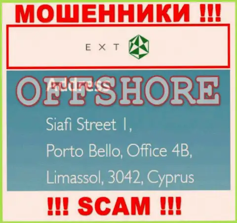 Siafi Street 1, Porto Bello, Office 4B, Limassol, 3042, Cyprus - это адрес регистрации конторы EXT, расположенный в офшорной зоне