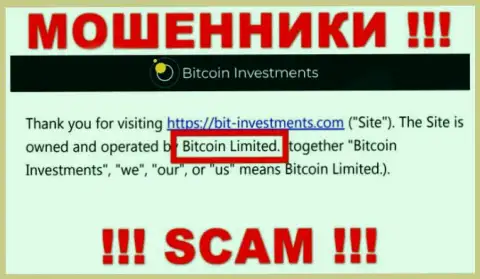 Юр лицо Bit Investments - это Bitcoin Limited, именно такую информацию представили мошенники у себя на сайте