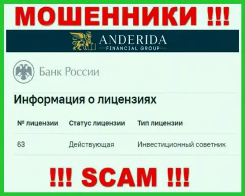 АндеридаГруп говорят, что имеют лицензию на осуществление деятельности от Центрального Банка Российской Федерации (информация с веб-портала разводил)