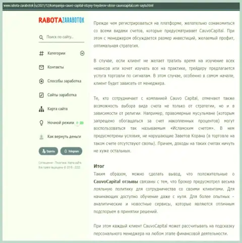 Обзорный материал о условиях для трейдинга дилера CauvoCapital на сайте Rabota-Zarabotok Ru