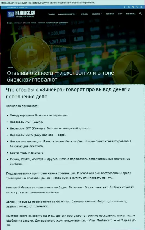 О выводе заработанных денег в биржевой компании Zinnera в публикации на сервисе Roadnice Ru